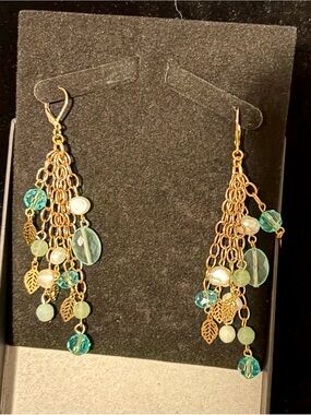 Gold Chain Dangle Earrings with Teal and Pearl Accents